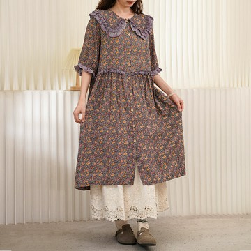 翻領蕾絲邊碎花洋裝101234C