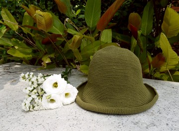 阿母の手作帽-手作棉繩鉤織帽/寬簷漁夫帽-橄欖綠/禮物/郊遊/母親節
