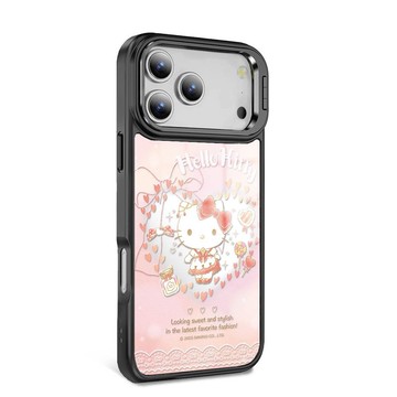 iPhone全系列 軍規防摔合金框隱形立架鏡面磁吸殼-甜心凱蒂-黑框