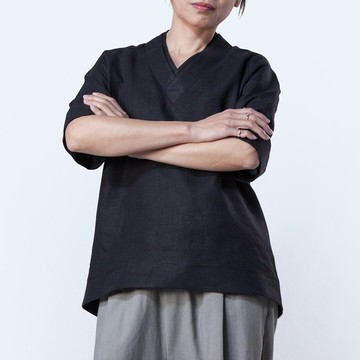 雙V領衫  亞麻 | 黑色