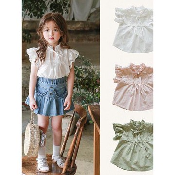 女童襯衫夏2025韓國兒童女孩洋氣木耳領刺繡薄棉T恤公主蕾絲上衣