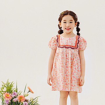 OB嚴選-純棉小碎花蕾絲滾邊領公主袖洋裝