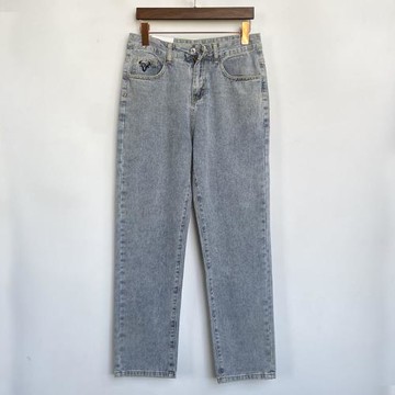 春夏秋冬新款水洗淺藍色中腰無彈拉鏈寬松闊腿褲高街直筒牛仔褲男