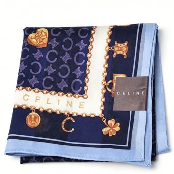 CELINE 藏青金鏈幸運草老花字母圖騰LOGO帕領巾(51CM)