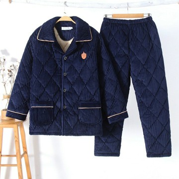 新款冬季男士法蘭絨睡衣 三層加厚夾棉抽條保暖珊瑚絨家居服廠家鑫弘-衣錦男裝