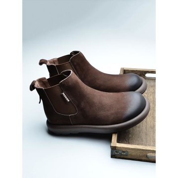 手工原創復古圓頭擦色帥氣馬丁靴女英倫風真皮厚底松緊口文藝短靴