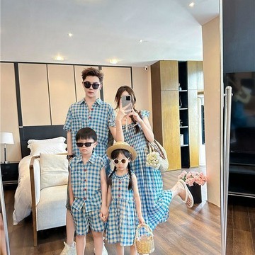 限時閃購特惠⚡ 親子裝 韓版 港風 顯瘦 格紋 母女裝 母子裝 一家三口 四口 連衣裙 度假風