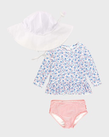 Girl's Cottage Tea Time Two-Piece Swimsuit and Hat Set, Size 3M-4