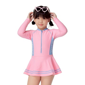 愛北鼻 女童氣質拚色泳衣 長袖  M  粉色
