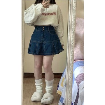 梨形身材高腰牛仔百褶半身裙女夏季新款胖mm遮肚顯瘦百搭a字短裙