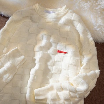 軟糯系毛衣女季復古慵懶風設計感鹽系華夫格針織衫衛衣潮