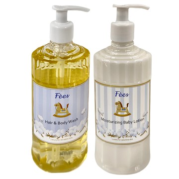 Fees BEBE baby基礎護理組 柔護洗髮沐浴精 300ml + 嬰兒滋潤保濕乳液 300ml 附提袋 棉花香味 1歲以上  1組  600ml