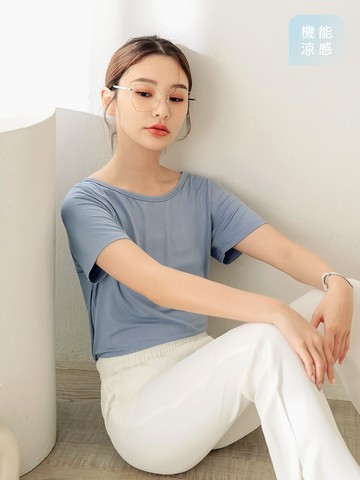 涼感．莫代爾純色船領短袖上衣