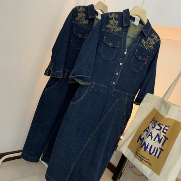 99.5%棉 刺繡牛仔連衣裙女B-6春季新款中長款彈力A字裙高腰長裙