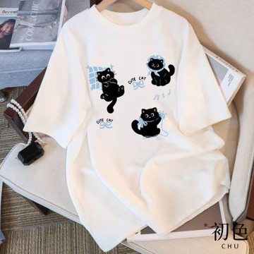 初色 寬鬆顯瘦圓領短袖插圖字母印花中大碼休閒T恤上衣女上衣-共5色-11596(M-3XL可選)