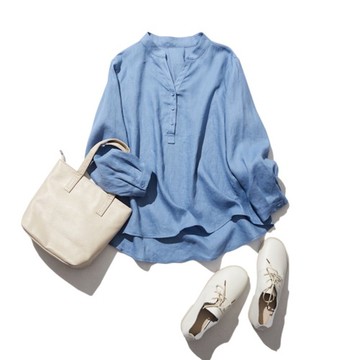 清新V領長袖亞麻衫 舒適透氣 休閒優雅 明亮藍調  220401-2