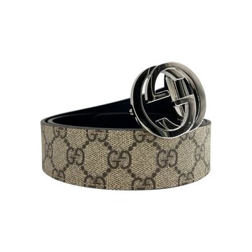 【GUCCI】經典銀雙G logo GG Supreme 雙面用皮帶/腰帶(473030-黑/烏木)