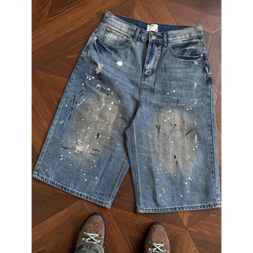 泥染臟洗潑墨牛仔寬松七分褲cleanfitA字闊腿牛仔中褲潮流夏男女