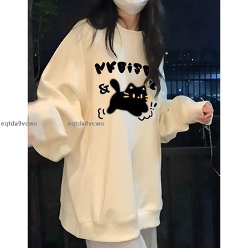 💯臺灣出貨💯大學T女寬鬆顯瘦100%不起球春秋款奶杏色學院風圓領大學T女卡通貓咪寬鬆套頭上衣服韓風