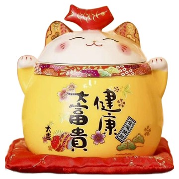 摩達客 春節開運招財貓糖果盒擺飾 附坐墊 聚寶盆收納好物  9 x 12.5 x 15cm  黃色