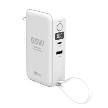 POLYWELL 寶利威爾 數位電量顯示65W2合1自帶線行動電源/充電器 10000mAh USB-A + Type-C 11.5 x 6.5 x 3.2cm  白色  ADS014-02
