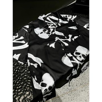 MASTERMIND骷髏暗黑寬松廓形度假休閑綢緞情侶男女 MMJ冰絲花襯衫