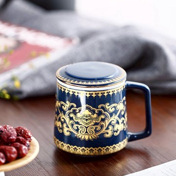 晟窯青花瓷過濾茶杯辦公室泡茶杯家用濾茶杯帶蓋馬克杯茶水分離杯