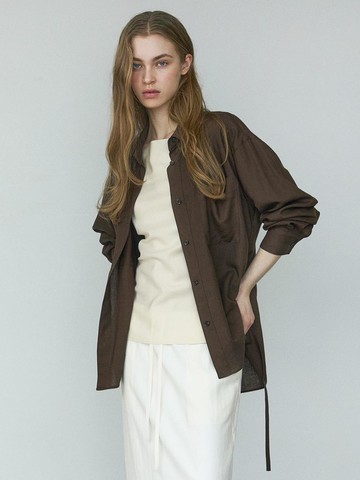 LINEN SIDE-BUTTON STRING SHIRT [BROWN]