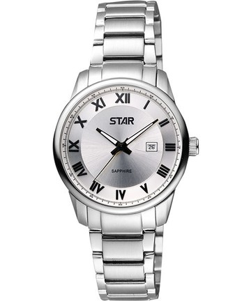 STAR 羅馬經典藍寶石水晶時尚女錶-銀 1T1407-111S-S