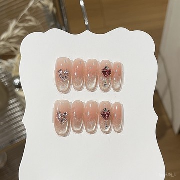 🎀可可精選🎀【叛逆之心】桃汐裏純慾爆閃漸變蜜桃粉玻璃珠貓眼愛心K9鑽穿戴甲手工穿戴甲顯白美甲片日常穿戴甲 7AMS