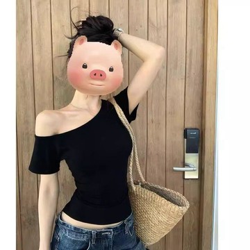 本土出貨 黑色辣妹露肩斜肩短袖t恤女夏季修身顯瘦短款獨特絶美一字肩上衣B2SL*1 R
