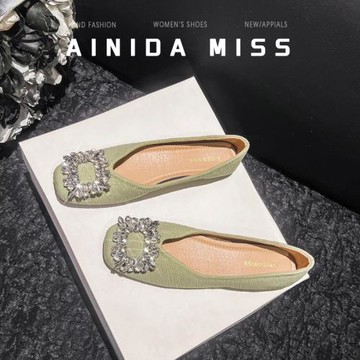 羊皮版~法式復古氣質單鞋女2024新款春秋小香風方頭通勤平底瓢鞋