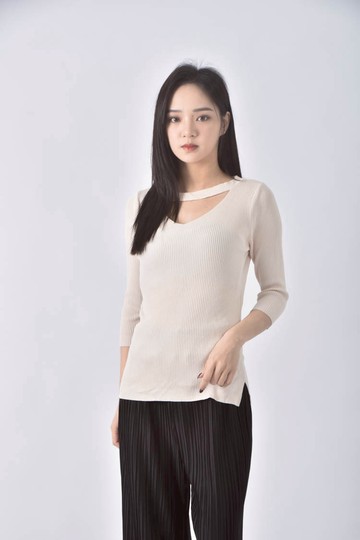 (XS（含）以下) 針織五分袖杏色長袖上衣