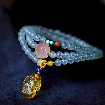 手串 佛珠 手鍊 項鍊 蜜蠟吊墜手鍊 造型項鍊 藍色項鍊 海藍寶手串 多圈手串 佛珠 飾品 串珠手環 女生禮物 178