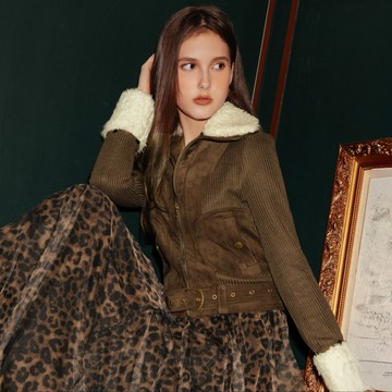 SO NICE 摩卡慕斯可拆式毛領麂皮拼接針織顯瘦短版夾克外套