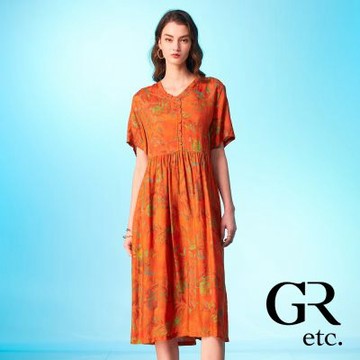 【GLORY21】網路獨賣款-etc.繽紛花漾印花細摺V領洋裝/連身裙-紅橘