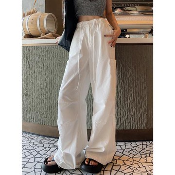 白色工裝褲女春夏2025新款高腰休閑闊腿褲薄款寬松直筒運動傘兵褲