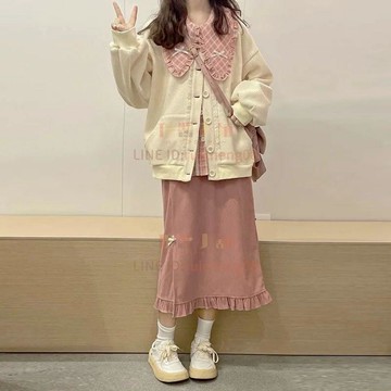 長裙套裝女學生韓版日系粉格襯衫燈芯絨半身裙開衫時尚百搭外套三件套秋冬【倪醬】