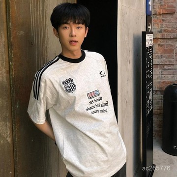 【精選男裝】美式高街字母條紋短袖T恤夏季男女款百搭寬鬆國潮情侶半袖上衣