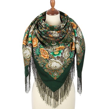 Pavlovo Posad 俄羅斯羊毛圍巾，100% 羊毛，125x125 公分，絲綢流蘇，設計編號 1824-9