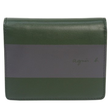 agnes b. VOYAGE 草寫字母撞色皮革對折押釦零錢袋短夾(墨綠/藕紫)
