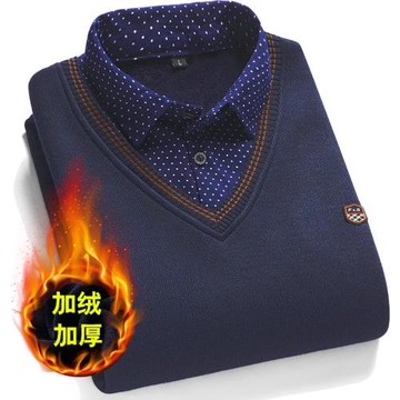 假兩件毛衣男襯衫領針織衫秋裝上衣2025冬季中老年加絨保暖打底衫