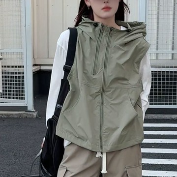 時尚休閒抽繩連帽無袖馬甲女 2025夏季新款顯瘦小衆設計感上衣