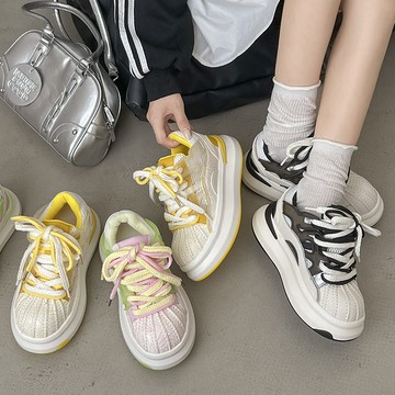 【現貨出清】休閒鞋．復古貝殼拼色綁帶厚底包鞋．白鳥麗子