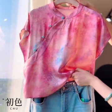 初色 新中式立領刺繡小飛袖斜盤釦旗袍上衣女上衣-粉色-13269(M-2XL可選)