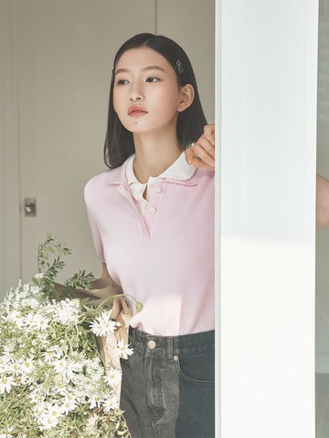 B. my Pique Knit T-Collar Sweater [Light Pink] (BF5451N02Y)