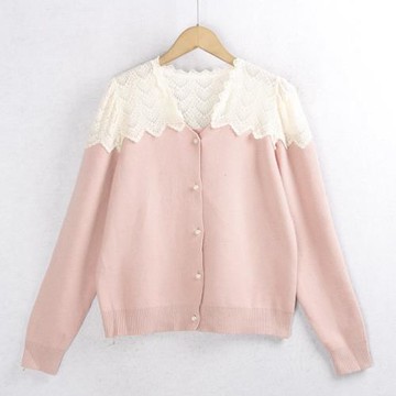 623蕾絲毛衣開衫 秋冬花邊領時尚珍珠扣百搭長袖針織毛線衣女外貿