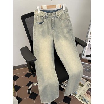 水洗黃泥色牛仔褲百搭休閑直筒男款褲子春秋季美式潮牌寬松闊腿褲