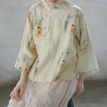 原創文藝復古中國風印花斜襟襯衫新中式珠扣禪意茶服上衣改良漢服