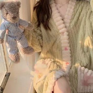 珊瑚絨睡衣 加絨加厚睡衣 甜美睡袍 睡衣  甜美卡通睡衣 可外穿 家居服 甜美少女 休閒 寬鬆睡衣 睡衣套裝